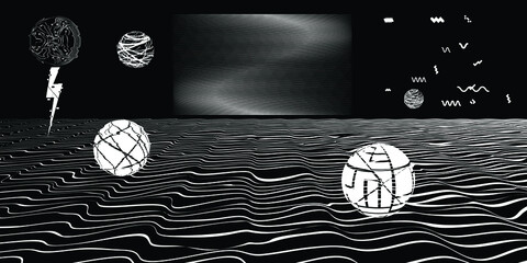 Black and white modern retro futuristic background . Retro wave poster .Vector design composition with various geometric shapes . Abstract contemporary art . Digital cyber landscape . New modernism 