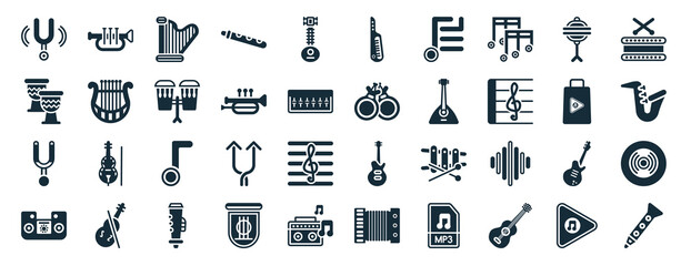 set of 40 filled music web icons in glyph style such as cornet, djembe, diapason, sound system, music store, percussion, keytar icons isolated on white background © Digital Bazaar