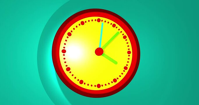 3D animated clock time lapse animation. Wall clock with red frame and yellow clock face. Green time pointer. Light reflections on the watch and shadows on the background. Camera move in free space.
