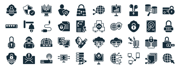 set of 40 filled internet security and web icons in glyph style such as protected, hub, padlock, wifi security, hard disc, secure payment, network conection icons isolated on white background