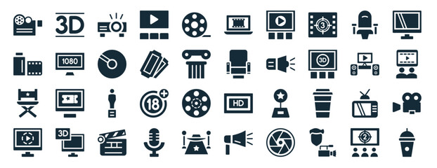 set of 40 filled cinema web icons in glyph style such as 3d text, camera roll, director film chair, animation, home theater, flat tv, laptop with film strip icons isolated on white background
