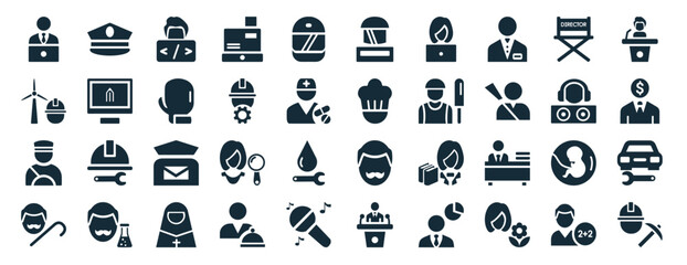 set of 40 filled professions web icons in glyph style such as captain, wind turbine technician, driver, pensioner, dj, politician, icons isolated on white background