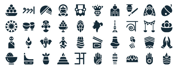 Obraz premium set of 40 filled india web icons in glyph style such as urdu, bihu, , curry, navratri, nut, varaja icons isolated on white background