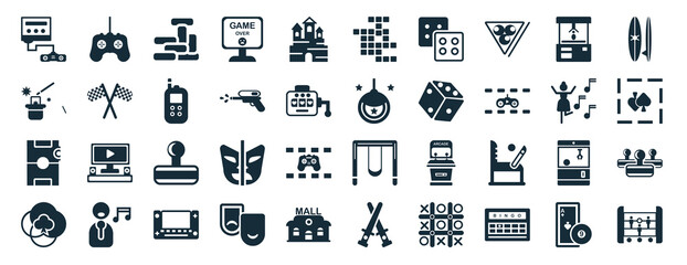 set of 40 filled entertainment and arcade web icons in glyph style such as game controller, magic cards, air hockey, gambling, dance, suroard, icons isolated on white background