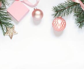 Christmas or New Year concept frame with winter holiday decoration. Greeting card top view. Copy space	