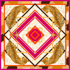 Leopard, jaguar wild big cat square, stripe frame, border  print design background. Leopard pattern illustration for bandana, foulard, scarves, pillows, carpet - 473531330