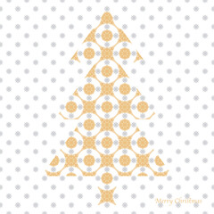 Vintage geometric vector Christmas tree with circles and snow flake texture in white, soft orange and grey. Can be used for seasonal greeting cards, posters and also seamless wrapping paper.