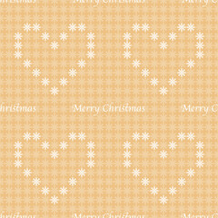 Monochrome Christmas seamless vector pattern with snow flakes, hearts and merry Christmas wishes in soft orange and white. Great for winter backgrounds, wrapping paper, posters and greeting cards.