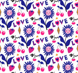 Mystic boho love modern abstract seamless pattern heart trend style. Valentine's day, romance endless texture, background, wallpaper, textile. Vector illustration