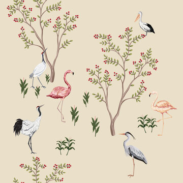 Tropical vintage crane bird, heron, flamingo, berry trees, plant floral seamless pattern nude background. Chinoiserie jungle wallpaper.