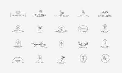 Set of Botanical Floral element Hand Drawn Logo with Wild Flower and Leaves. Logo for spa and beauty salon, boutique, organic shop, wedding, floral designer, interior, photography, cosmetic.
