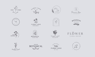 Set of Botanical Floral element Hand Drawn Logo with Wild Flower and Leaves. Logo for spa and beauty salon, boutique, organic shop, wedding, floral designer, interior, photography, cosmetic.
