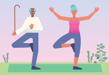 Active and healthy senior couple: cartoon woman doing yoga and man balancing on one leg with a walking stick. Cute and simple modern flat illustration