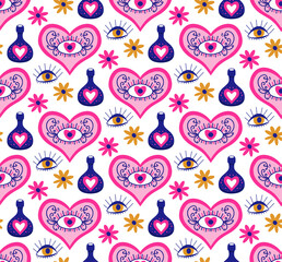 Mystic boho love modern abstract seamless pattern heart trend style. Valentine's day, romance endless texture, background, wallpaper, textile. Vector illustration