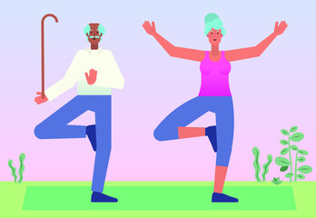 Active and healthy senior couple: cartoon woman doing yoga and man balancing on one leg with a walking stick. Cute and simple modern flat vector illustration