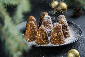 Delicious no bake chocolate  Christmas dessert healthy energy pine cone, sprinkled with powdered sugar. Decorated with fir branches. Healthy Vegan dessert