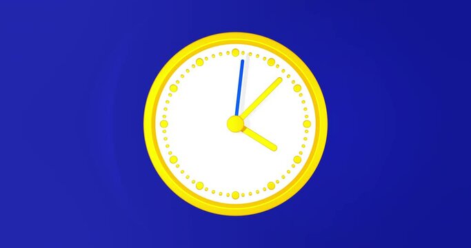3D animated Clock animation seamless 24 hour loop. Orange wall clock with yellow time pointer hovering free in space. Blue background for keying and copy space. Looping timekeeper smooth moving watch