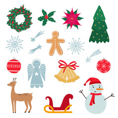 Christmas decorations set vector illustration. Winter holidays symbols collection. Design elements for xmas stickers, cards, poster, prints.