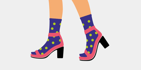 
Shoe, boots, footwear. Woman, female, girls shoes. Feet, legs walking in elegant open toe shoes high heel shoes pump and colored print socks.Fashion style shoe. Color Isolated flat vector illustrated
