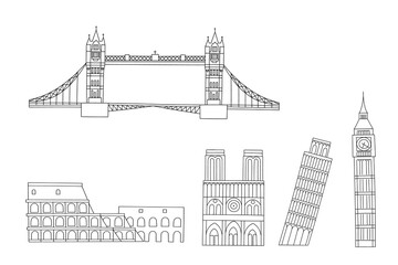 Obraz premium Vector line hand drawn illustration with famous world landmarks. Isolated on white background