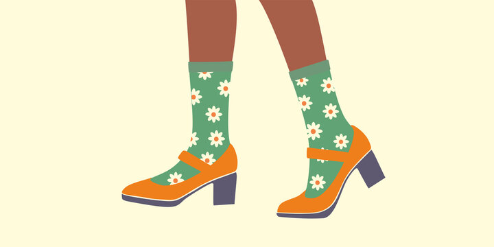 Shoe, boots, footwear. Woman, female, girls shoes. Feet, legs walking in elegant closed toe high heel shoes pump and colored print socks. Fashion style shoe . Color Isolated flat vector illustration 