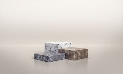 Premium marble showcase mockup. Pedestals made of marble for product presentation. Modern cube