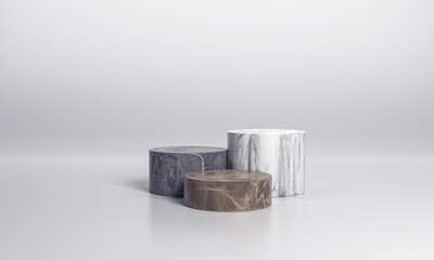 Premium marble showcase mockup. Pedestals made of marble for product presentation. Modern cylinder platforms exhibition. 3D rendering
