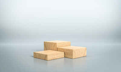 Wooden products display pedestals. Podium made of wood for product exhibition. Minimalist showcase made of wooden blocks. 3D rendering.