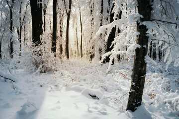 sunset light in snowy forest, winter morning in the woods