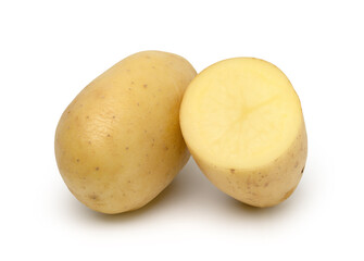 raw potatoes and half isolated on white background, with clipping path..