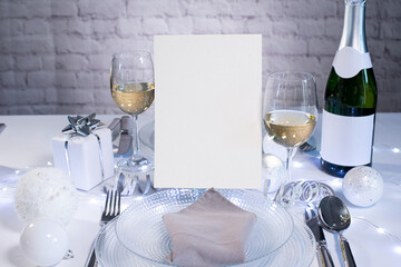 restaurant empty menu on a christmas holiday festive table with copy space to insert own text