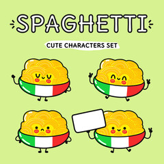 Funny cute happy Spaghetti characters bundle set. Vector kawaii line cartoon style illustration. Cute Spaghetti mascot character collection