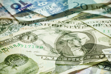 Money banknotes background. Different currency bills. Euro and dollar in cash texture.