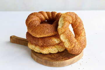 Sesame bagel on a white background. Turkish breakfast. Horizontal view. close up