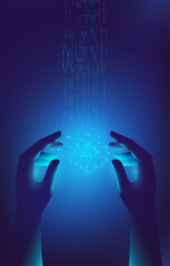 Obraz premium Hands holding a levitating neural network in the form of a brain, which receives the world's information flows. Vector template for a vertical banner.
