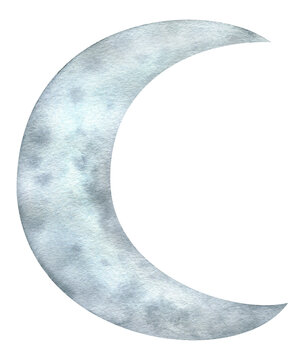 recommend clip art: Watercolor illustration of a crescent moon. Grey moon clipart, hand drawn drawing isolated on white background