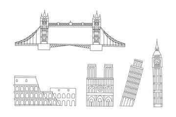 Obraz premium Vector line hand drawn illustration with famous world landmarks. Isolated on white background