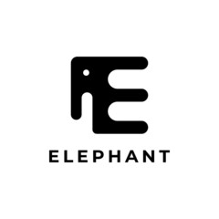 Elephant Abstract Vector Logo Template, Sign or Icon. Elephant Head Incorporated in the Letter E. Negative Space Concept with Modern Typography. Isolated.