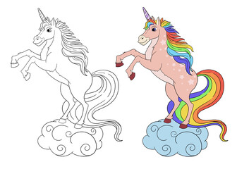 Vector illustration of a fairy tale unicorn with bright rainbow mane and tail. Mythical cartoon creature. Line art picture for children coloring book, anti-stress book, decoration or sticker.