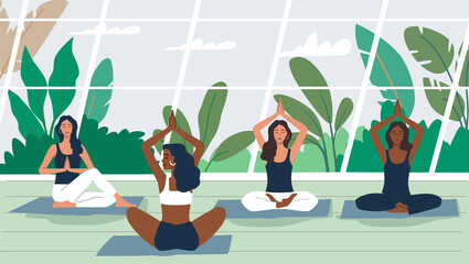 Woman doing yoga exercises and practicing meditation vector. Female character in big room