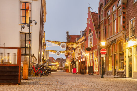 View at the entrance of the Roode Steen city center square with christmas decoration in the Dutch city of Hoorn, The Netherlands