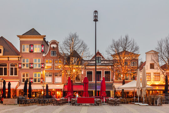The famous Dutch Waagplein with pubs and restaurants in the city center of Alkmaar, The Netherlands