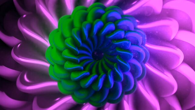Abstract pink, blue, and green fractal flower with moving petals. Motion. Beautiful hypnotic slow transformation of gradient flower, seamless loop.