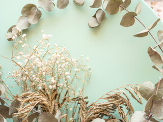 Bunch of dried flowers and eucaliptus branches on green background