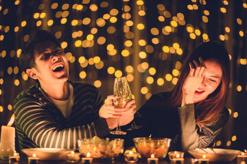couple celebration concept, Christmas or new year party with romantic night light, home winter happy