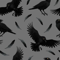 Vector seamless pattern with raven and feathers