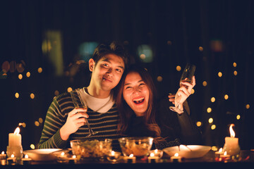 couple celebration concept, Christmas or new year party with romantic night light, home winter happy