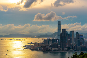 Hong Kong harbor with landscape view of city skyscraper skyline building, China business landmark
