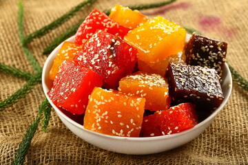 Halva, Indian, Arabic, Arabian, sweets, served in ceramic bowl.
