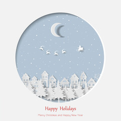 Merry Christmas and Happy New Year greeting card,Santa Claus coming to city on winter night